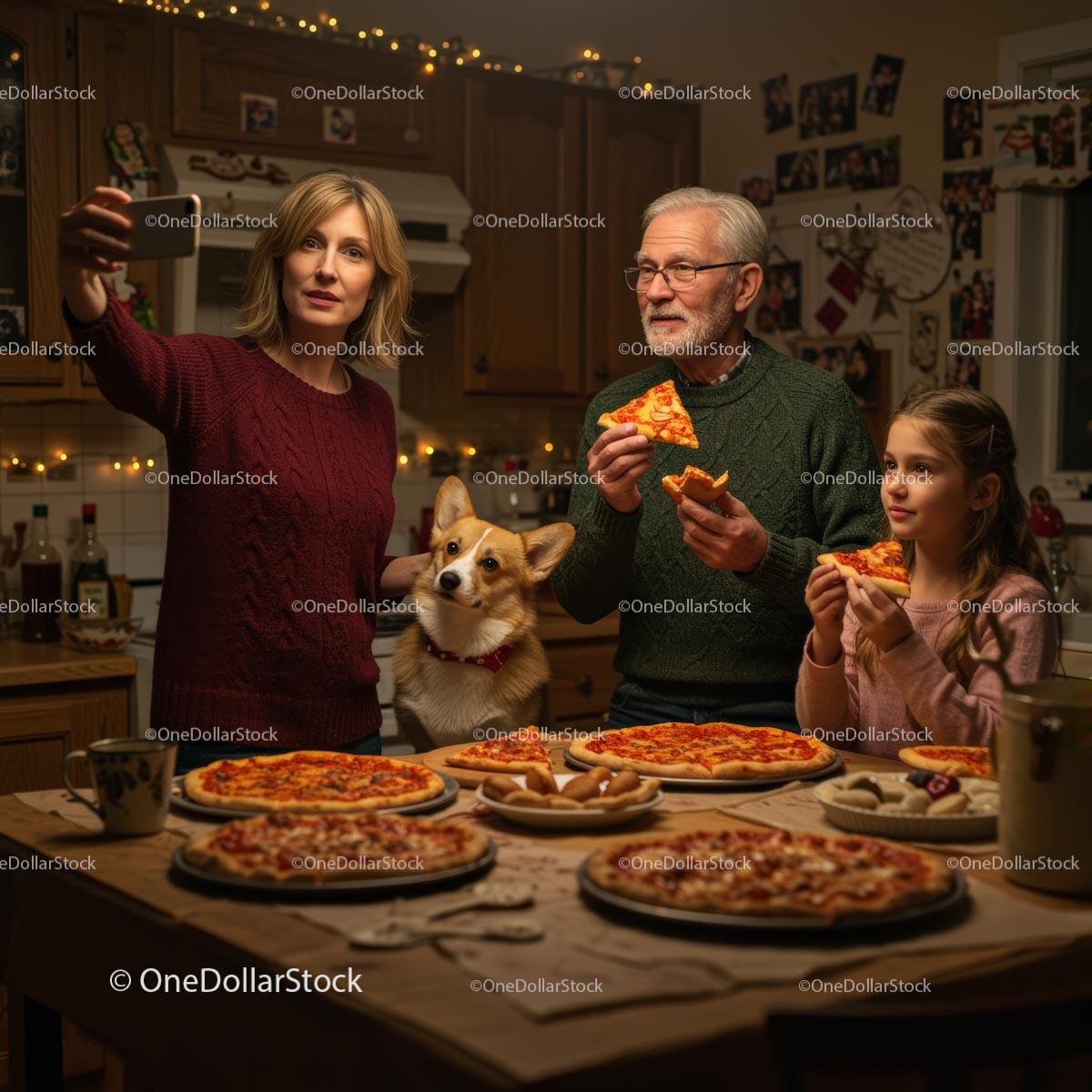 Family Enjoying Pizza Night with Corgi and Festive Lights