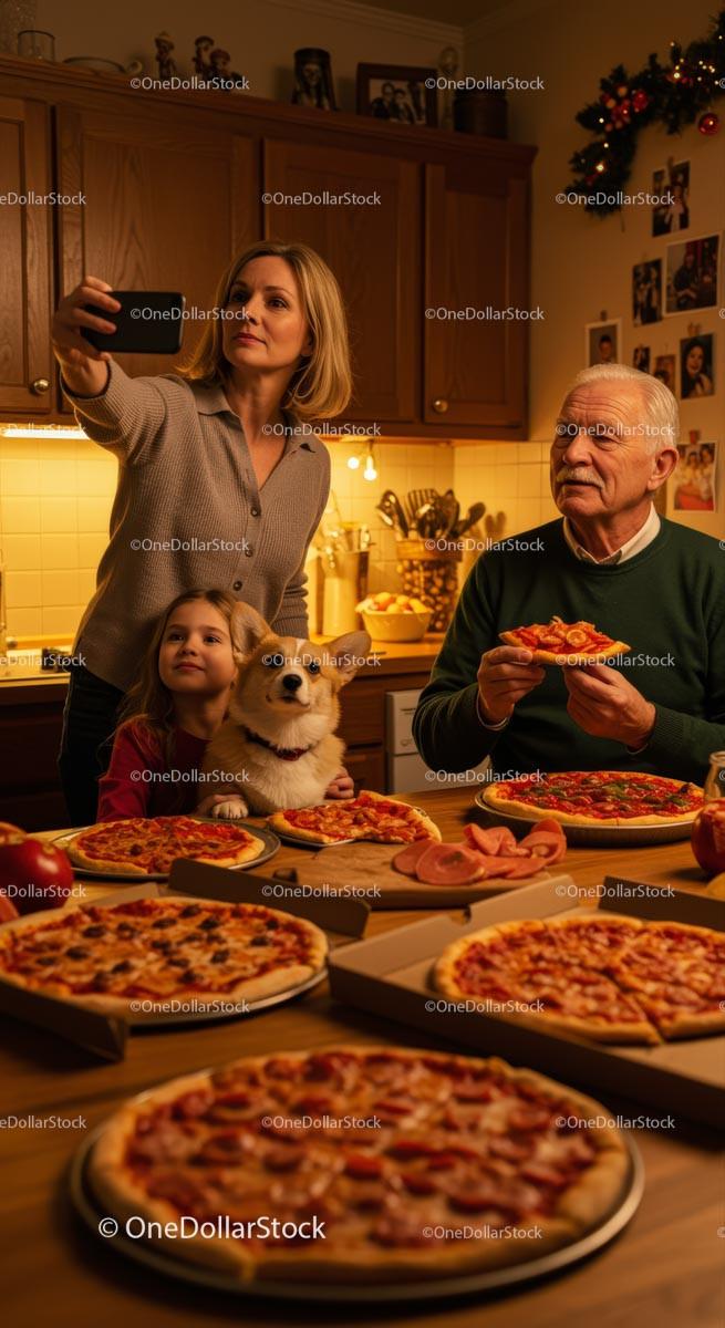 Family Enjoying Pizza Night with Dog in Cozy Kitchen