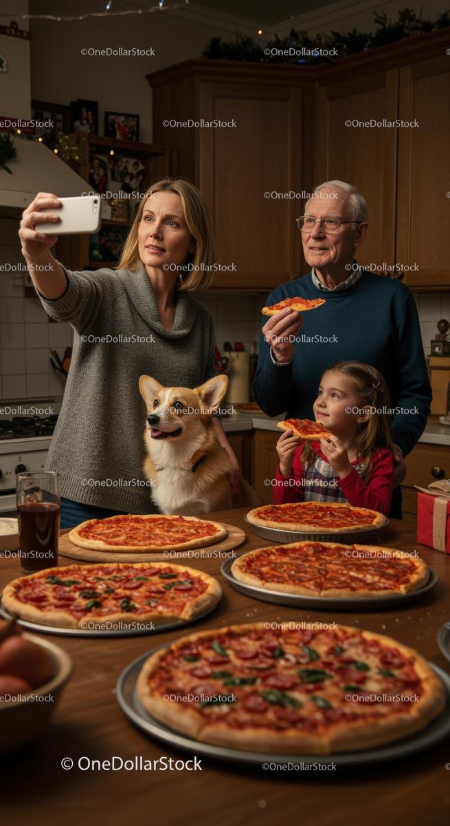 Family Enjoying Pizza Night with Corgi and Selfies