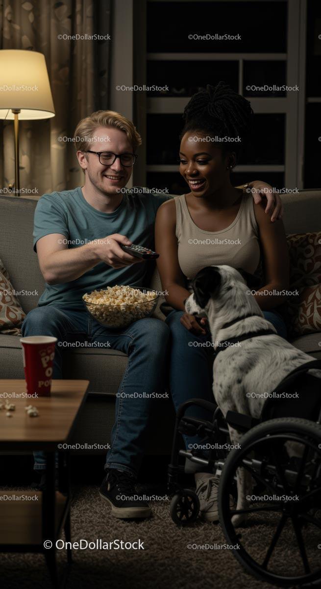Diverse Couple Enjoying Movie Night with Pet Dog