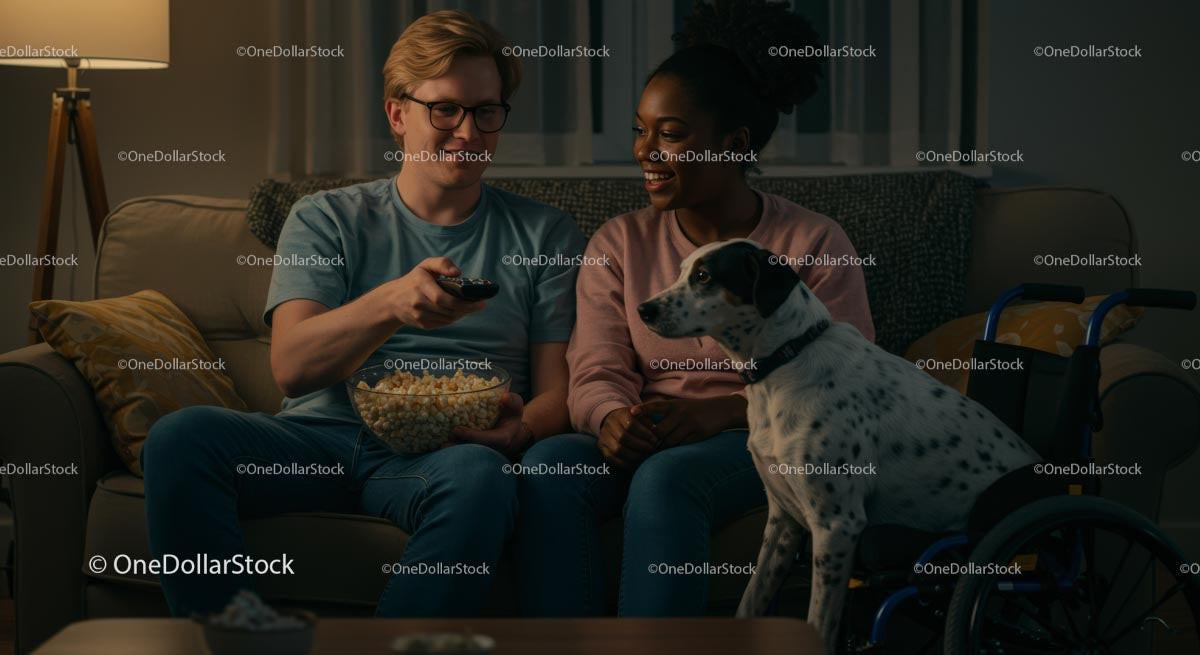 Couple Enjoying Movie Night with Dalmatian Dog