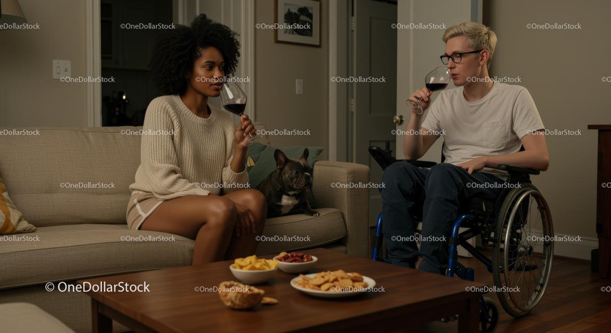 Friends Relaxing with Wine and Snacks in Living Room