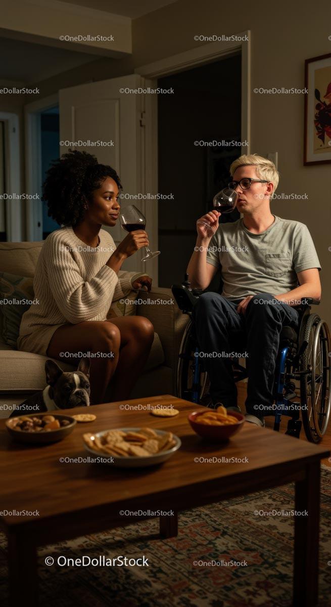 Friends Enjoying Wine and Snacks in Cozy Living Room