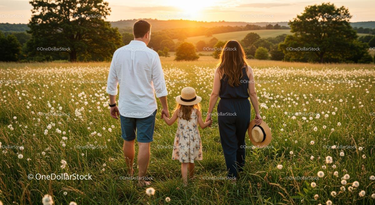 Family Enjoying Walk in Dandelion Field at Sunset