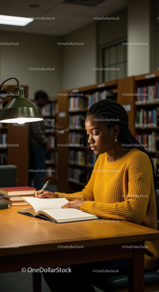 Young Woman Studying in Library Under Lamp Light