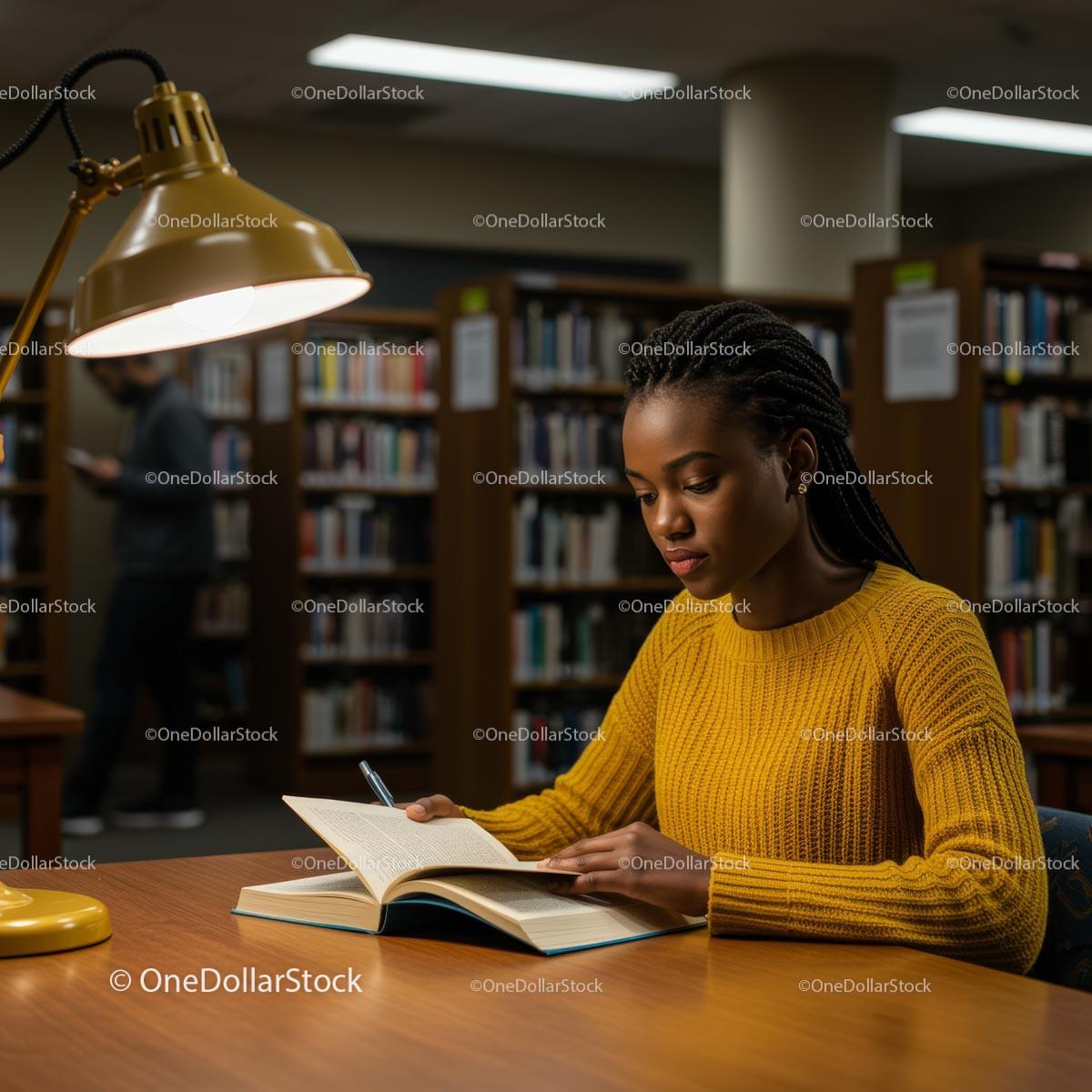 Young Woman Studying in a Quiet Library