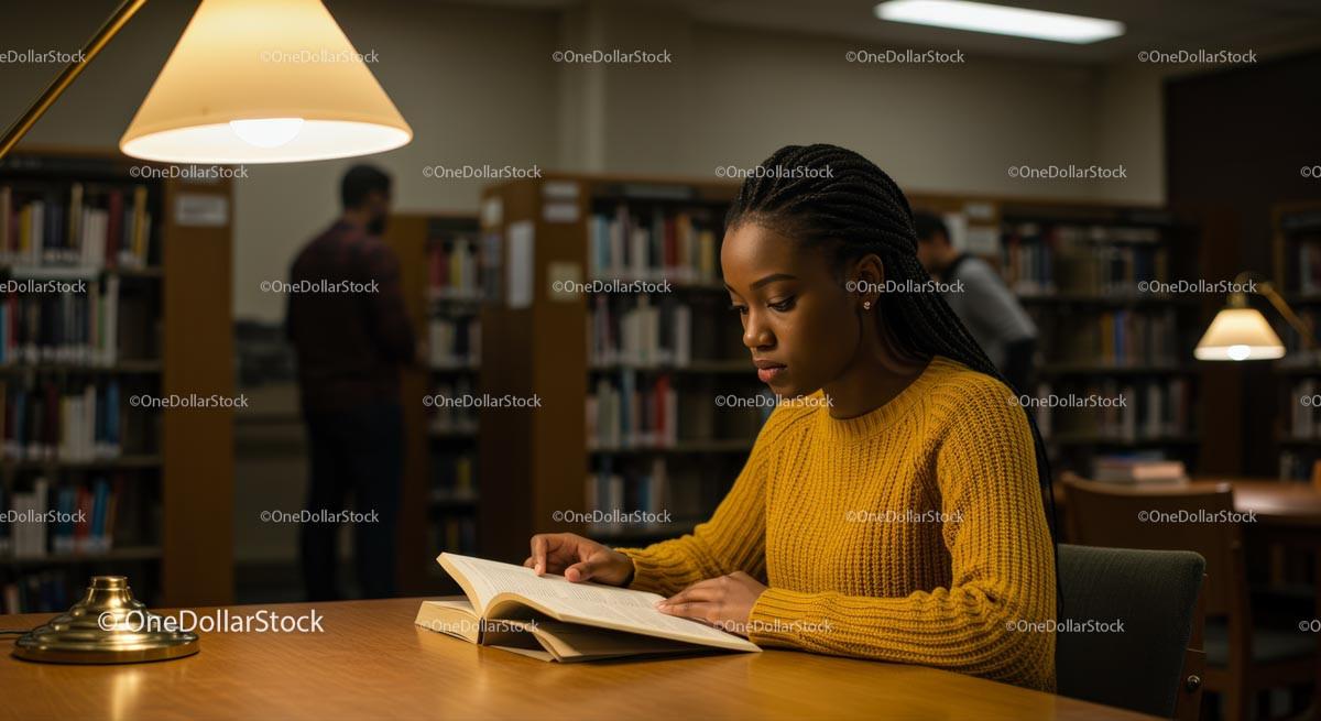 Focused Student Reading in Quiet Library Setting