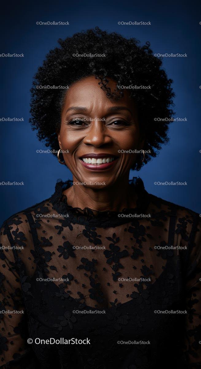 Elegant Woman Smiling in Black Lace Against Blue Background