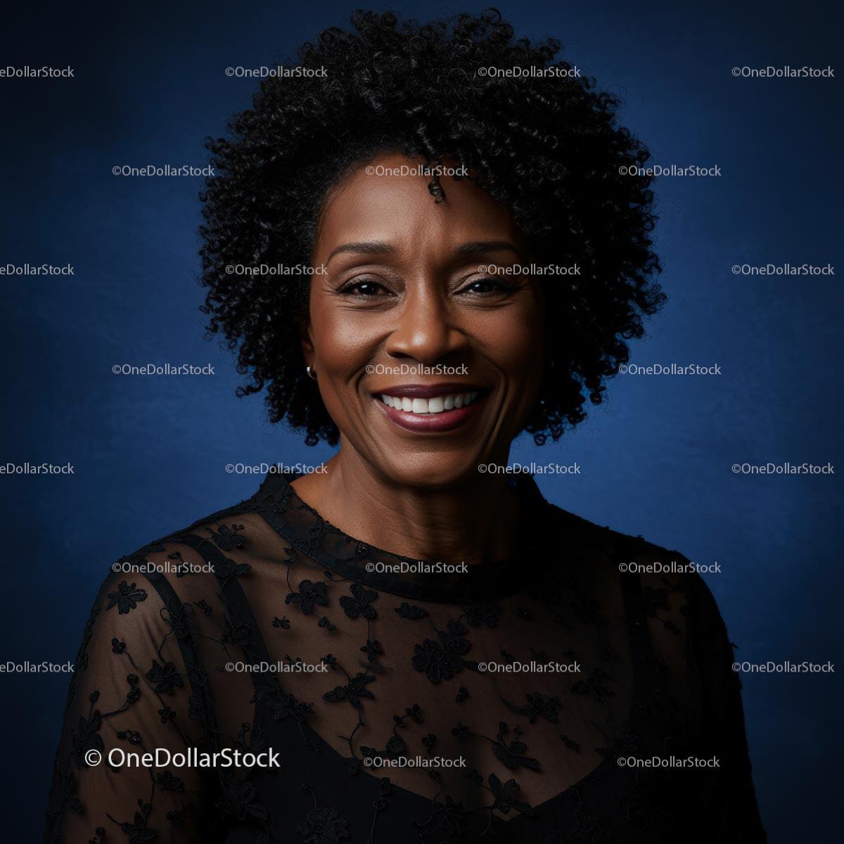 Smiling Woman in Black Lace Dress Against Blue Backdrop