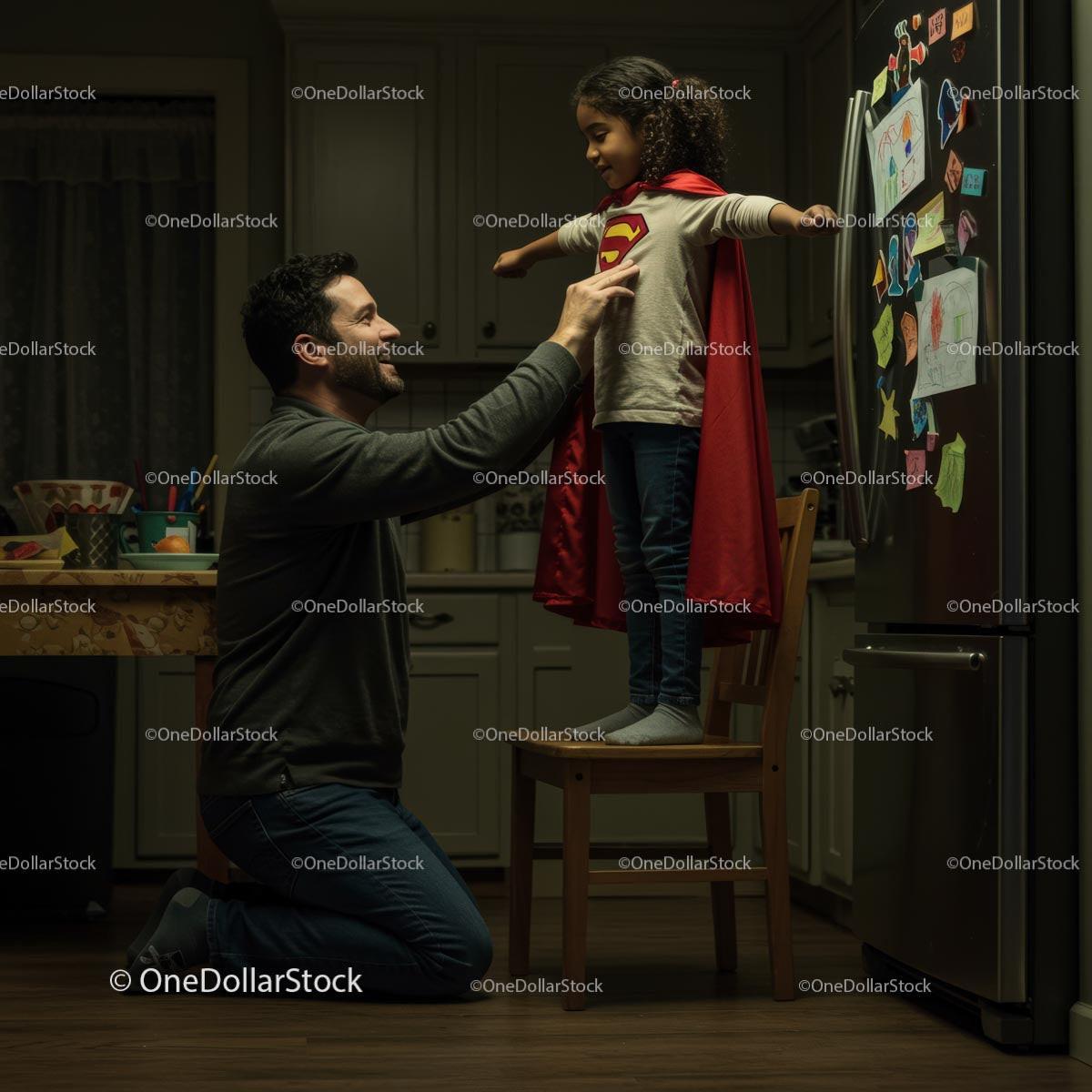 Father and Daughter Play in Superhero Costume at Home Stock Photo Bundle preview 5