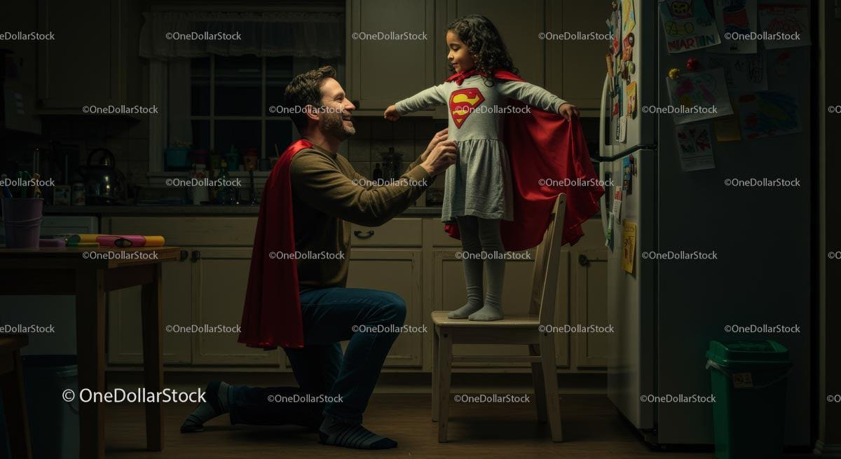 Father and Daughter Play in Superhero Costume at Home Stock Photo Bundle preview 11