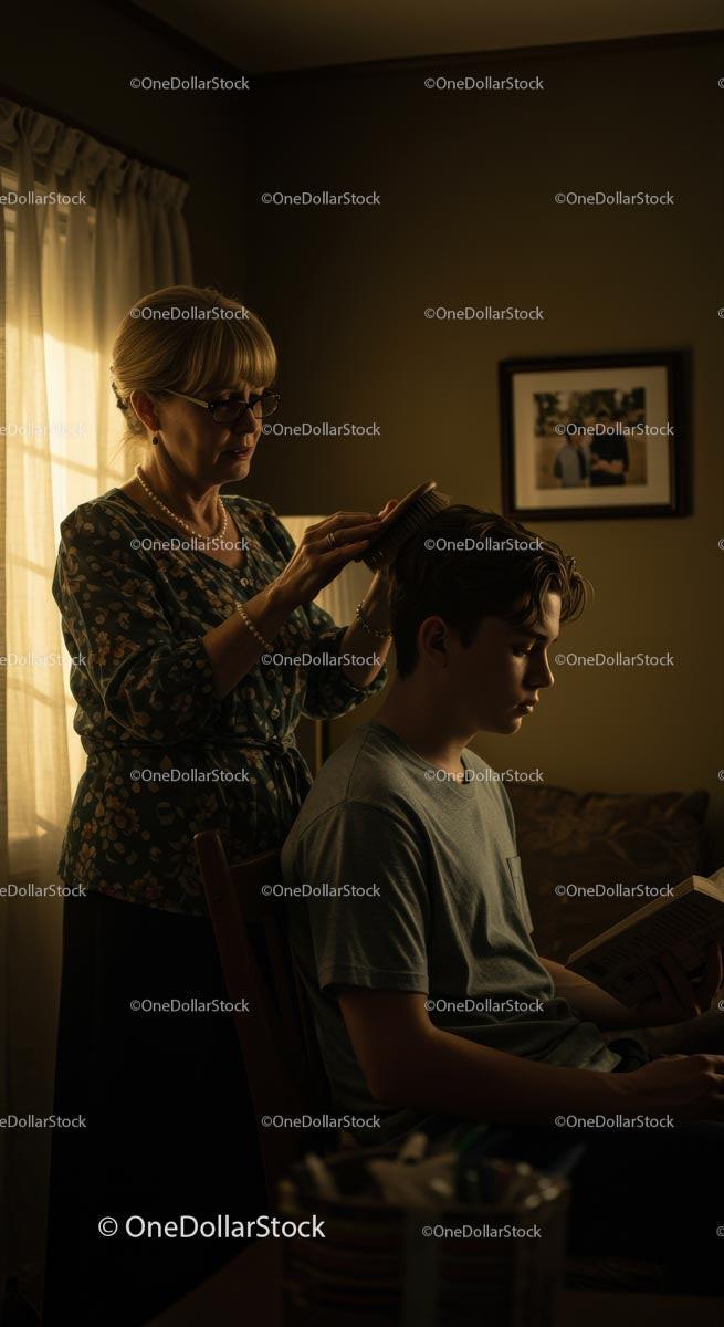 Mother Gently Cutting Son's Hair in Cozy Room