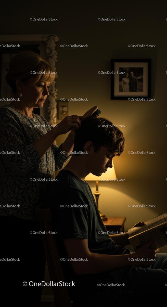 Mother Grooming Son in Cozy Vintage Room 12 JPG Files digital asset preview