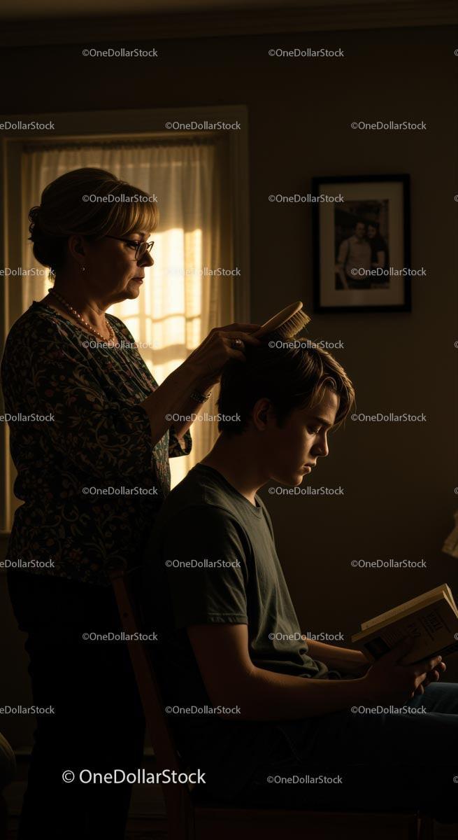 stock photo bundle made with Mother Grooming Son in Cozy Vintage Room Stock Photo Bundle