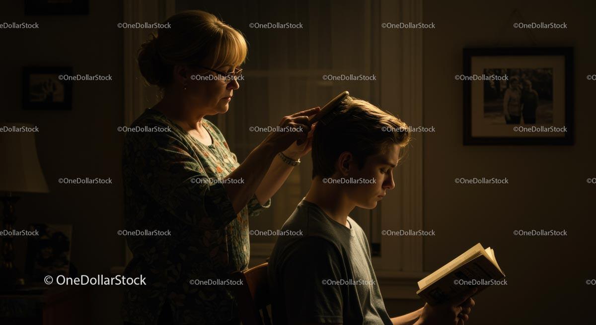 Mother Grooming Son in Cozy Vintage Room Stock Photo Bundle preview 5