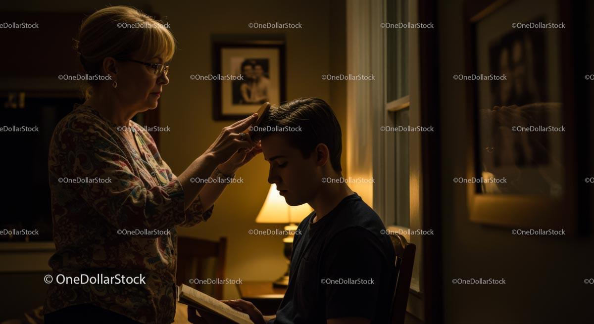 Mother Grooming Son in Cozy Vintage Room Stock Photo Bundle preview 6