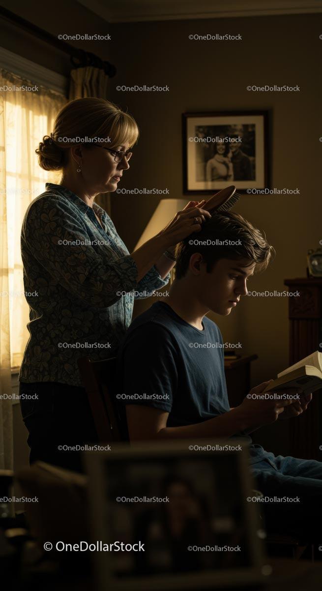 Mother Grooming Son in Cozy Vintage Room Stock Photo Bundle preview 11