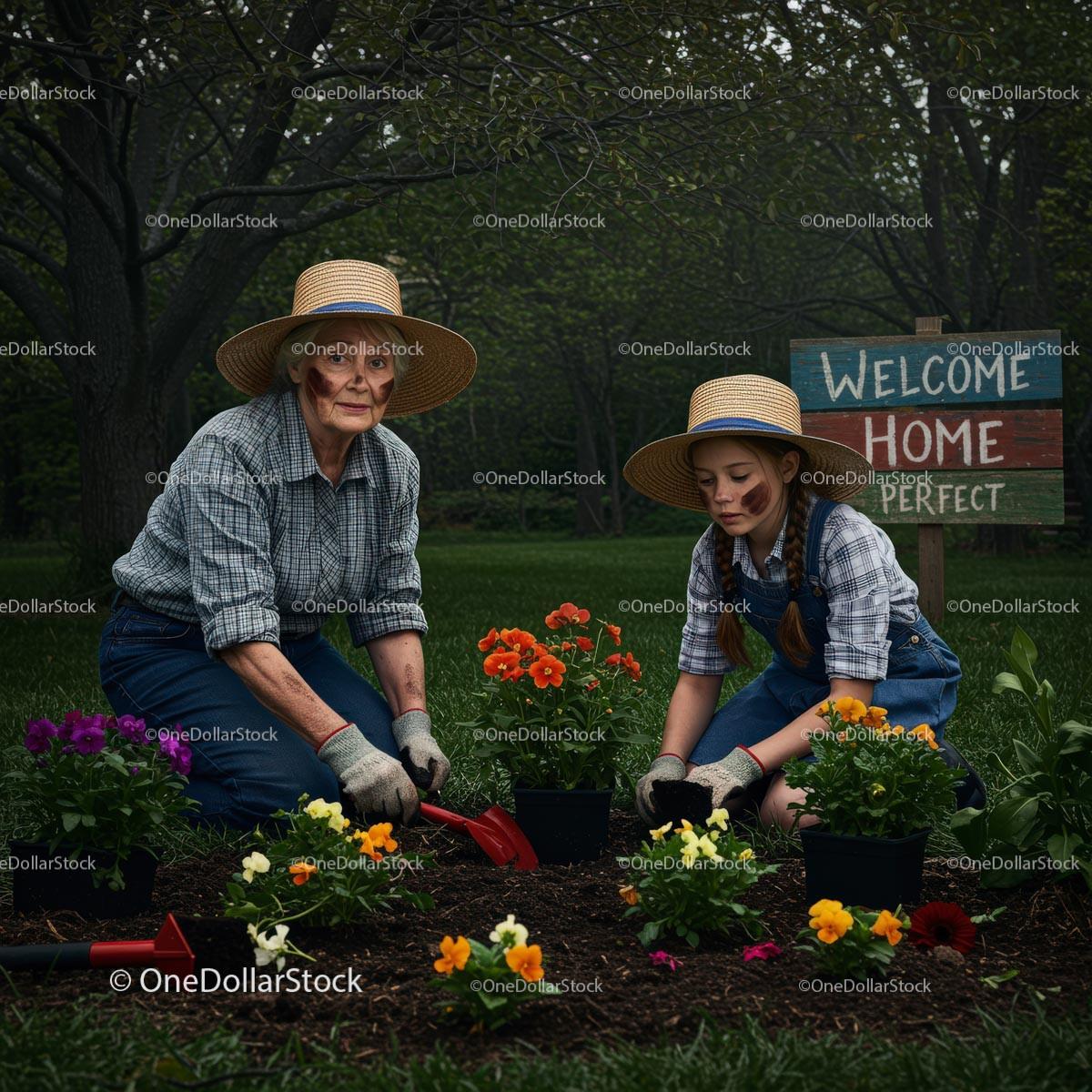 Grandmother and Granddaughter Planting Colorful Flowers