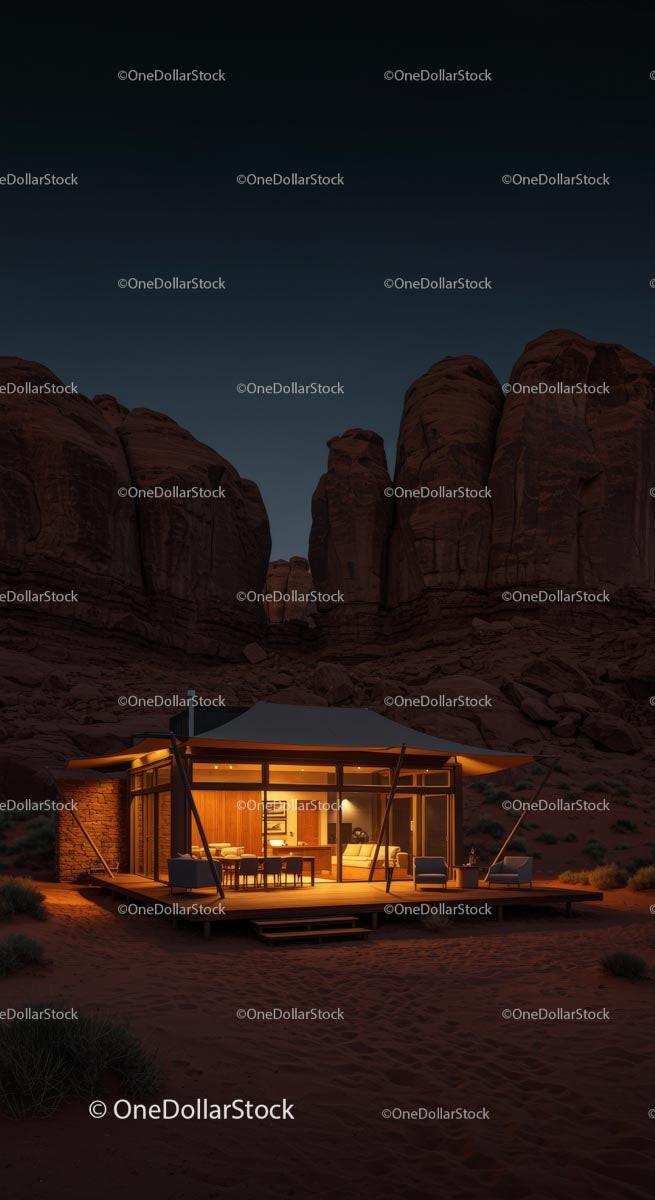 Modern Desert Cabin Against Majestic Sandstone Cliffs