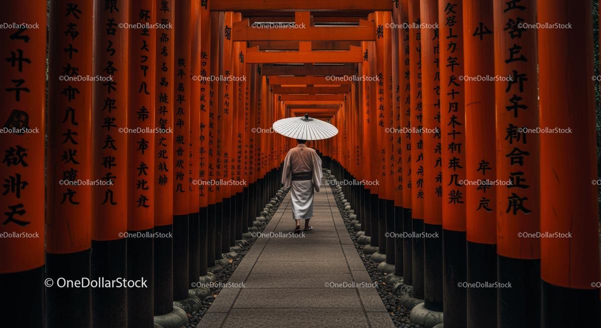 Monk Walking Through Fushimi Inari Torii Gate Pathway