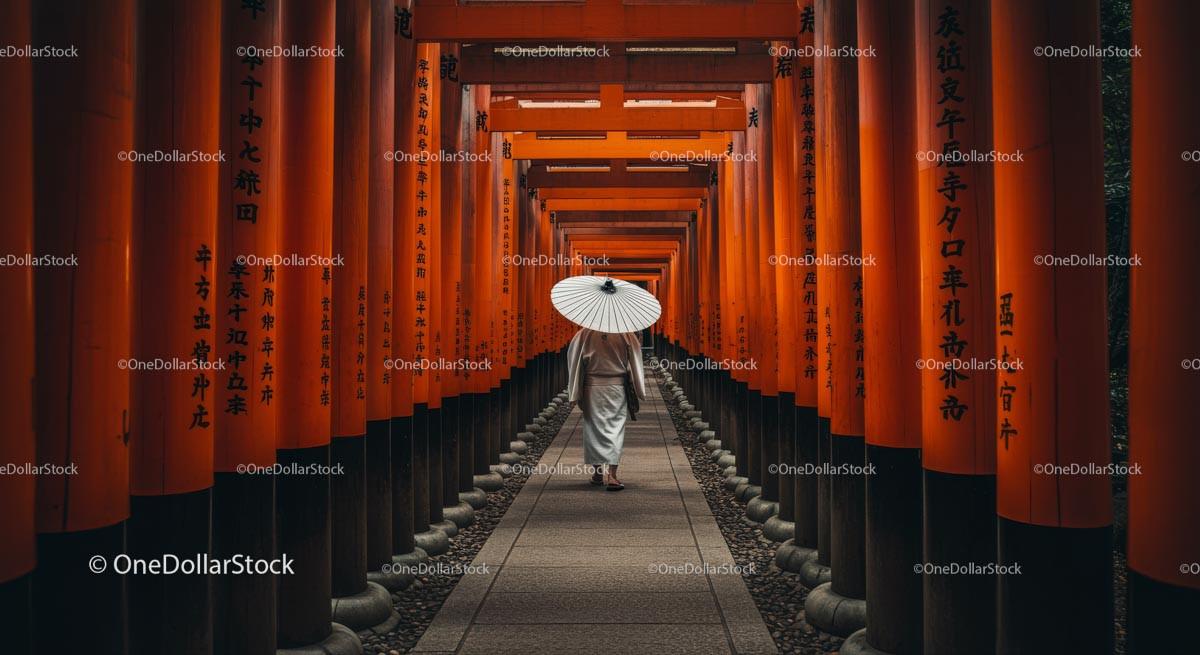 Man Walking Through Vibrant Orange Torii Gates in Kyoto Stock Photo Bundle preview 7