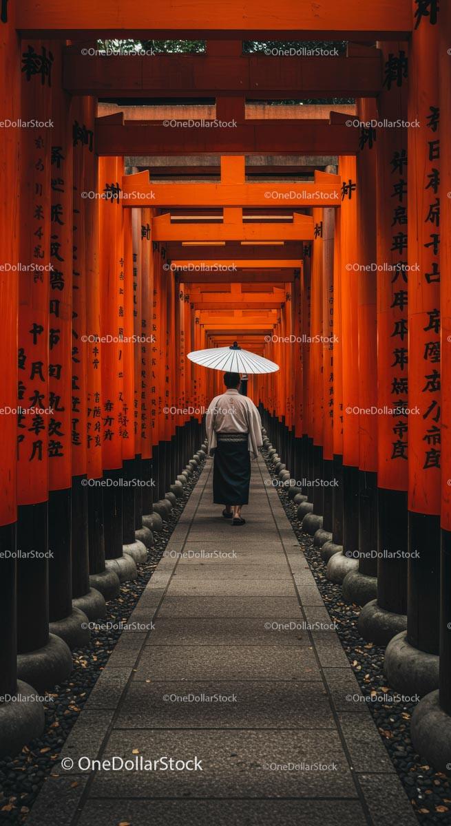 Man Walking Through Vibrant Orange Torii Gates in Kyoto Stock Photo Bundle preview 11