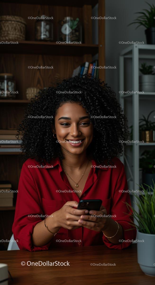 Woman with Curly Hair Smiling While Holding Smartphone 12 JPG Files digital asset preview
