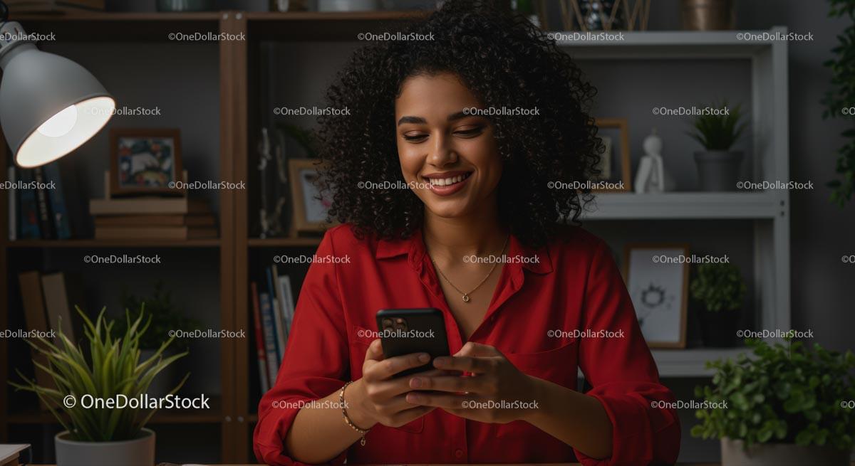 Woman with Curly Hair Smiling While Holding Smartphone Stock Photo Bundle preview 6
