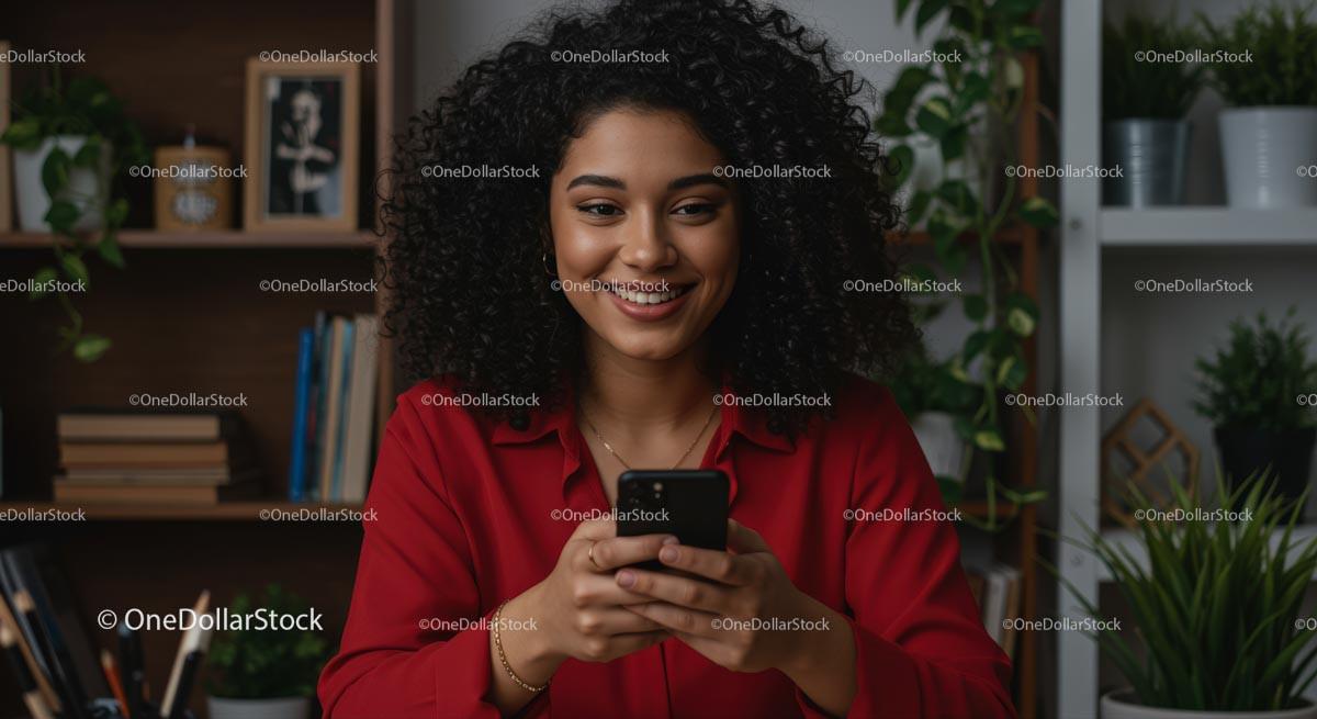 Woman with Curly Hair Smiling While Holding Smartphone Stock Photo Bundle preview 7