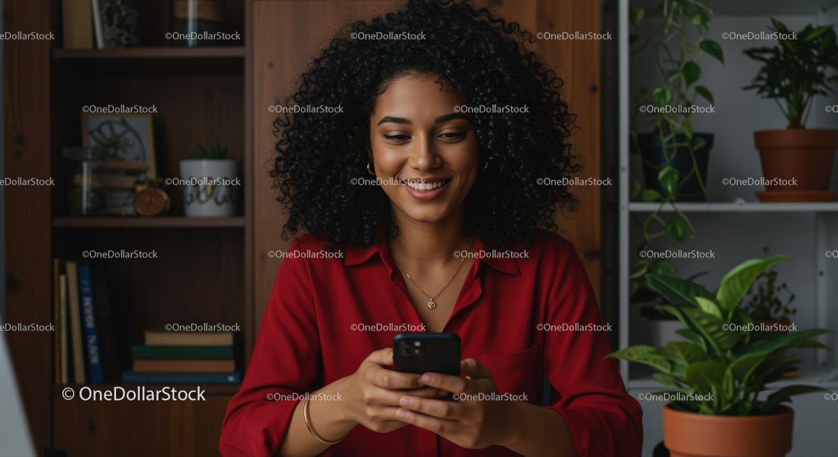 Woman with Curly Hair Smiling While Holding Smartphone Stock Photo Bundle preview 8