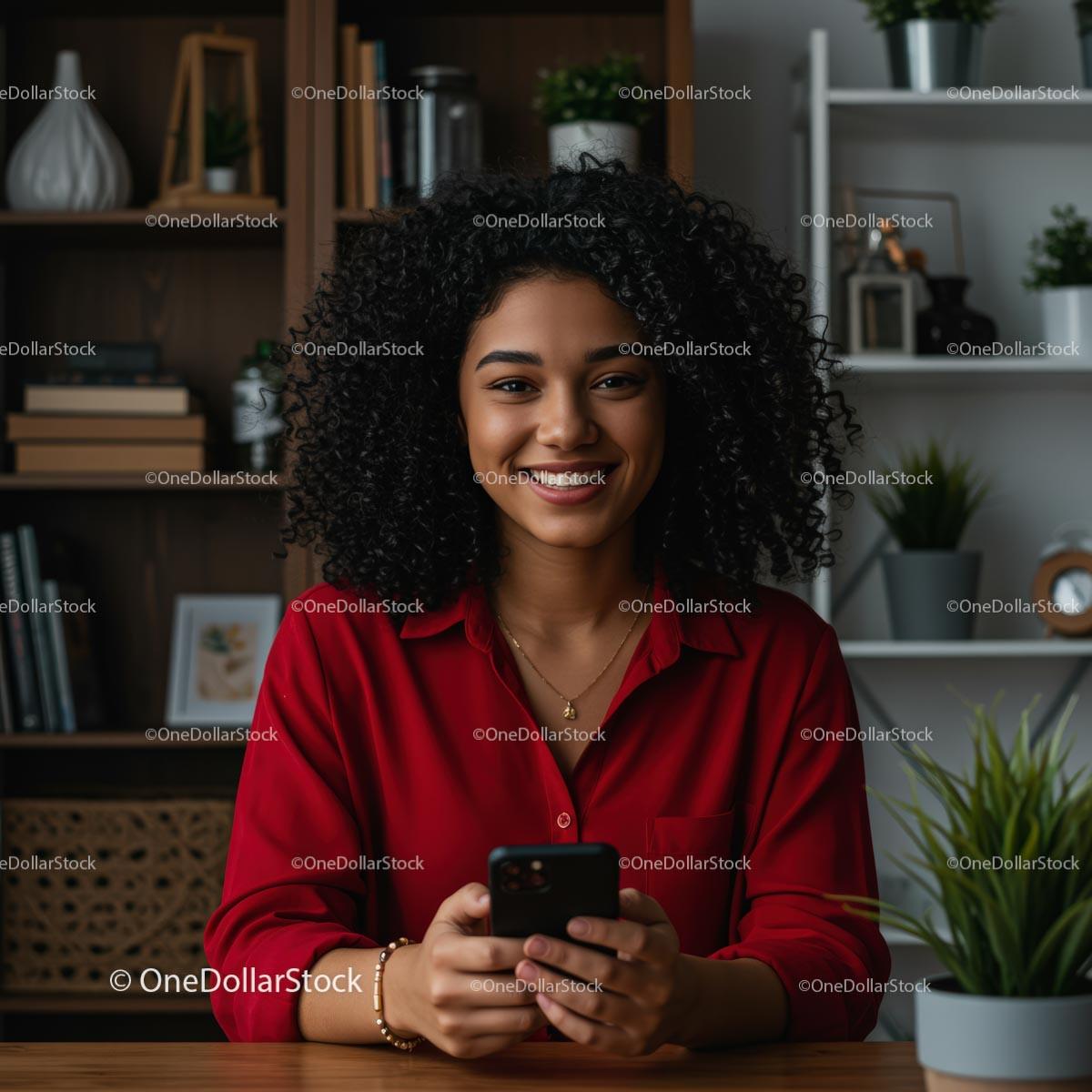Woman with Curly Hair Smiling While Holding Smartphone Stock Photo Bundle preview 12
