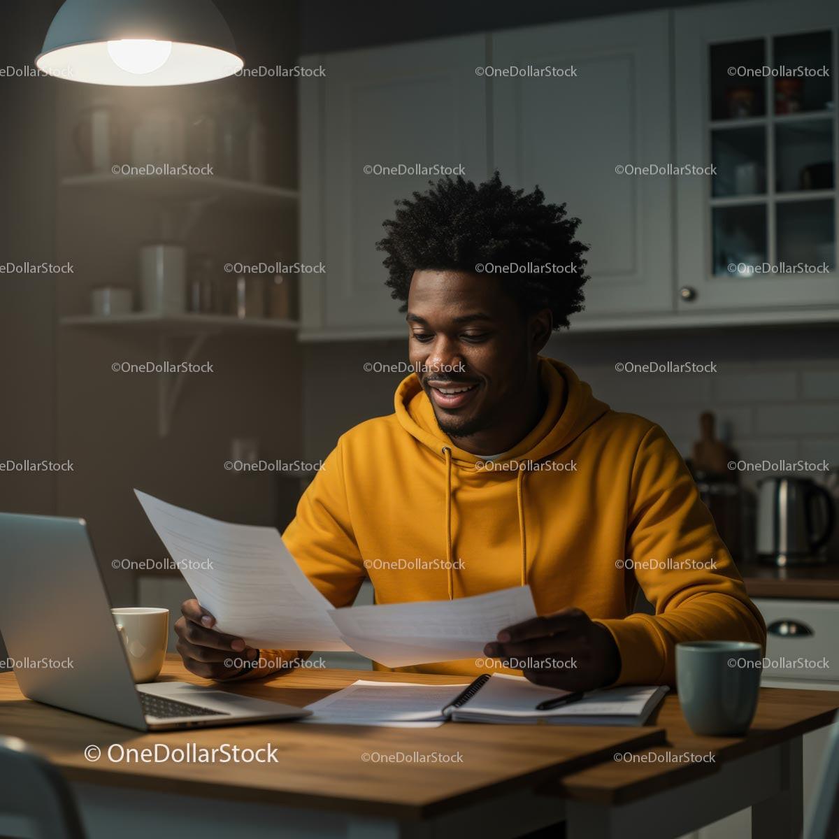 Man in Yellow Hoodie Reading Papers in Cozy Home Office
