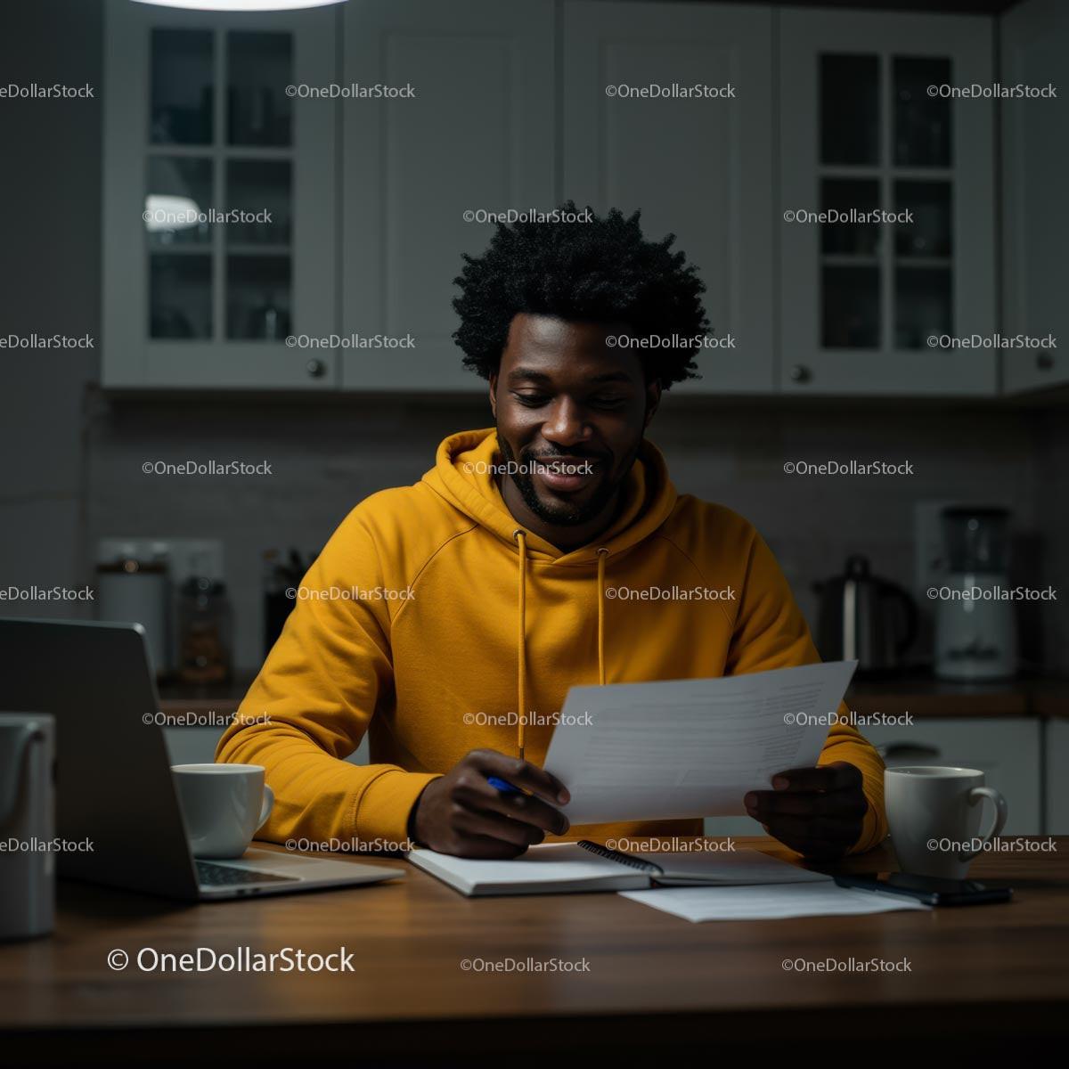 Young Man in Yellow Hoodie Working Late at Home