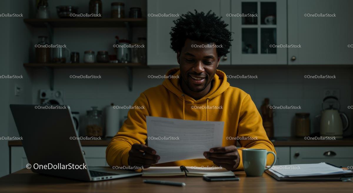 Smiling Man in Yellow Hoodie Reading Letter at Home Desk