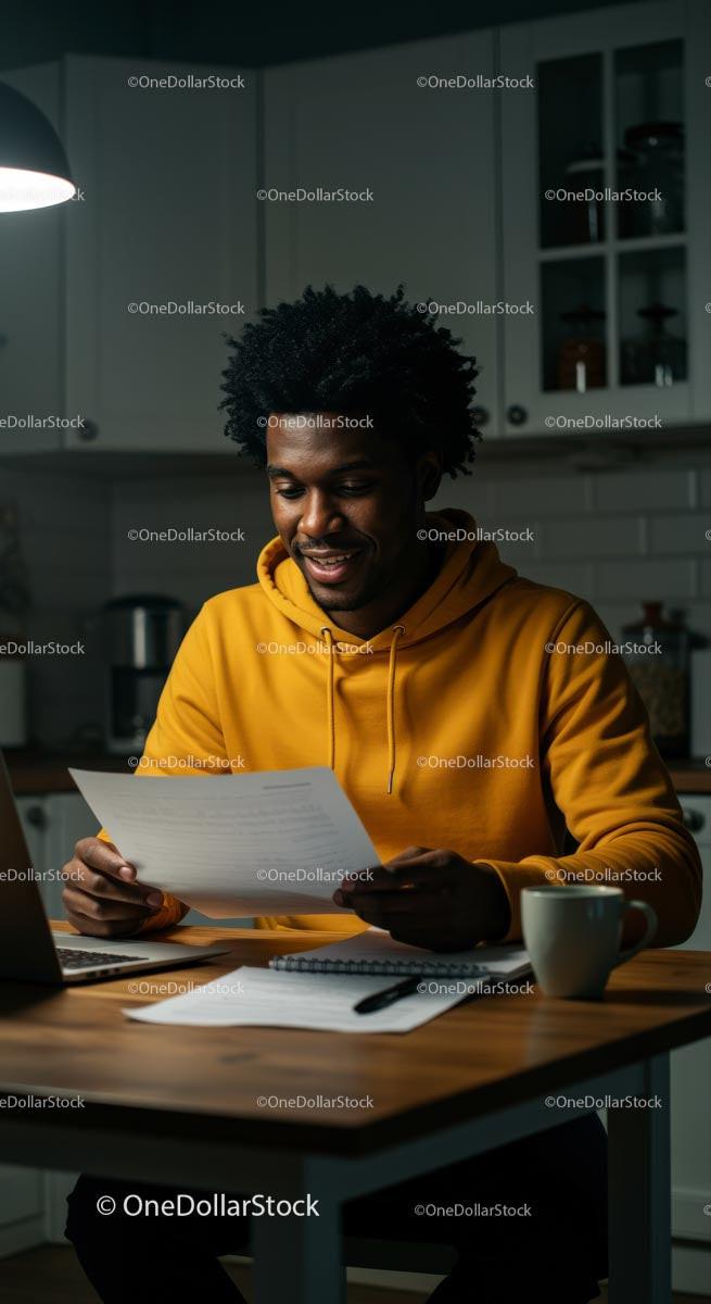 Smiling Man in Yellow Hoodie Working in Cozy Kitchen
