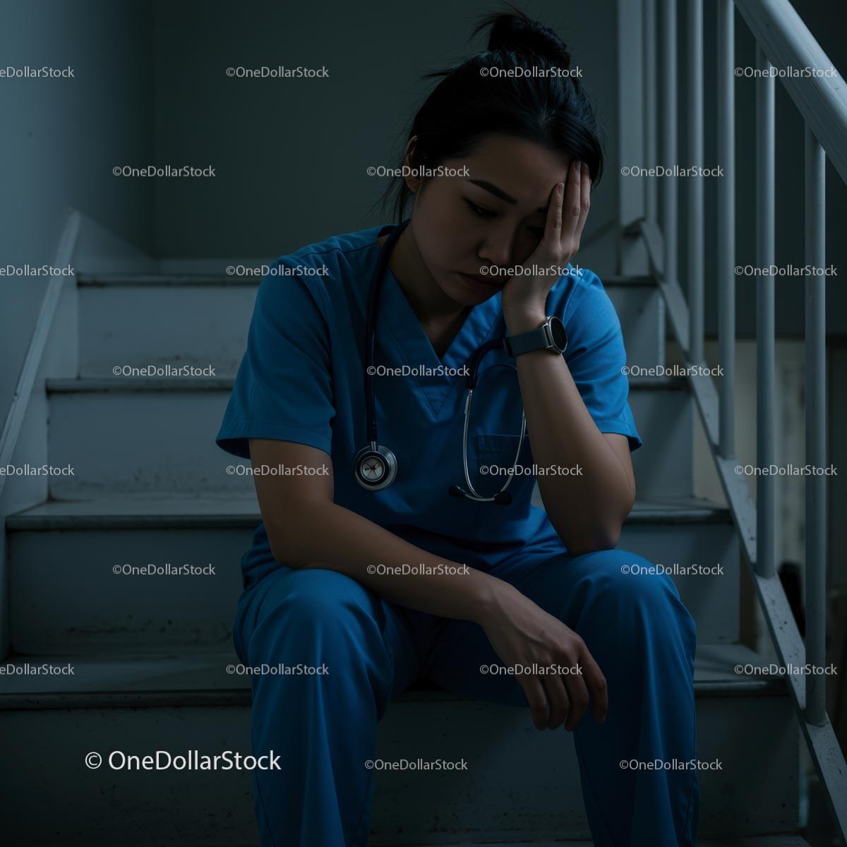 Exhausted Nurse in Blue Scrubs Sitting on Staircase
