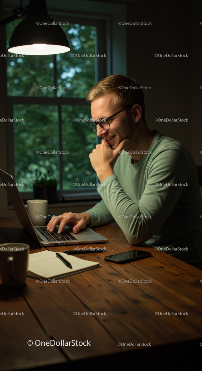 Smiling Man Working Late on Laptop at Home Office Stock Photo Bundle preview