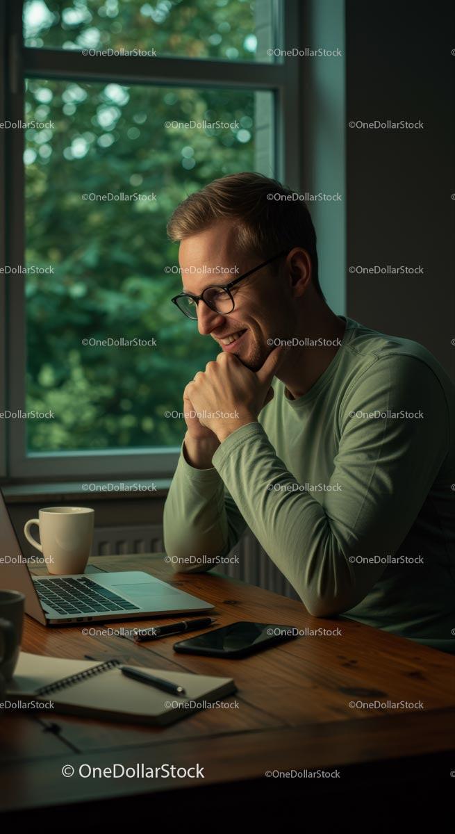 Smiling Man Working Late on Laptop at Home Office 10 JPG Files digital asset preview