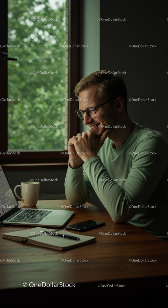 Smiling Man Working Late on Laptop at Home Office Stock Photo Bundle creative preview 4