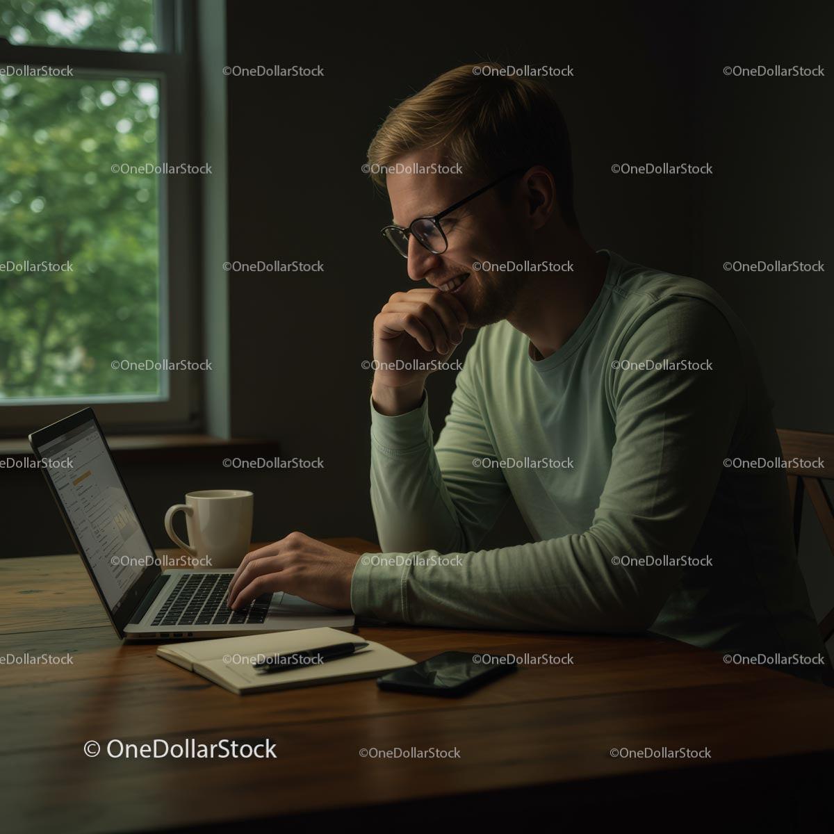 Smiling Man Working Late on Laptop at Home Office Stock Photo Bundle preview 7