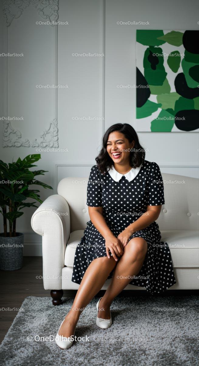 Smiling Woman in Polka Dot Dress on White Sofa