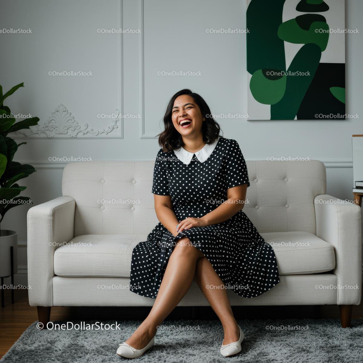 Smiling Woman Relaxing on a Cozy Sofa in Stylish Living Room