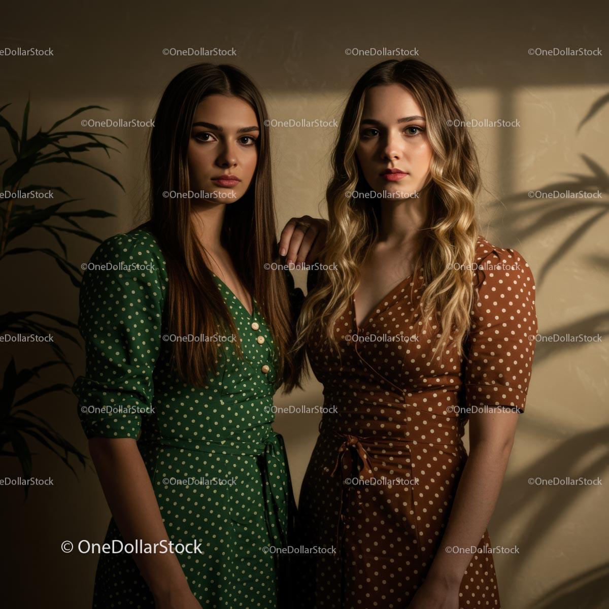 Elegant Women in Green and Brown Polka Dot Dresses Stock Photo Bundle preview
