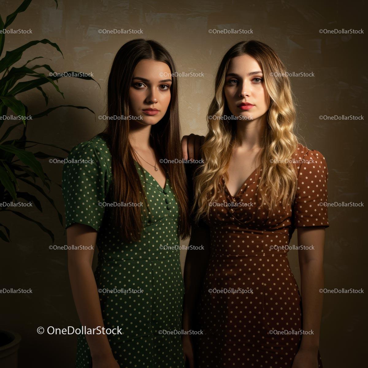 Elegant Women in Green and Brown Polka Dot Dresses Stock Photo Bundle creative preview 4