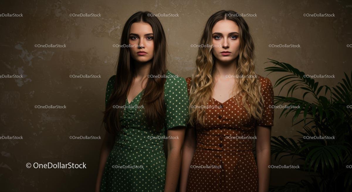 Elegant Women in Green and Brown Polka Dot Dresses Stock Photo Bundle preview 7