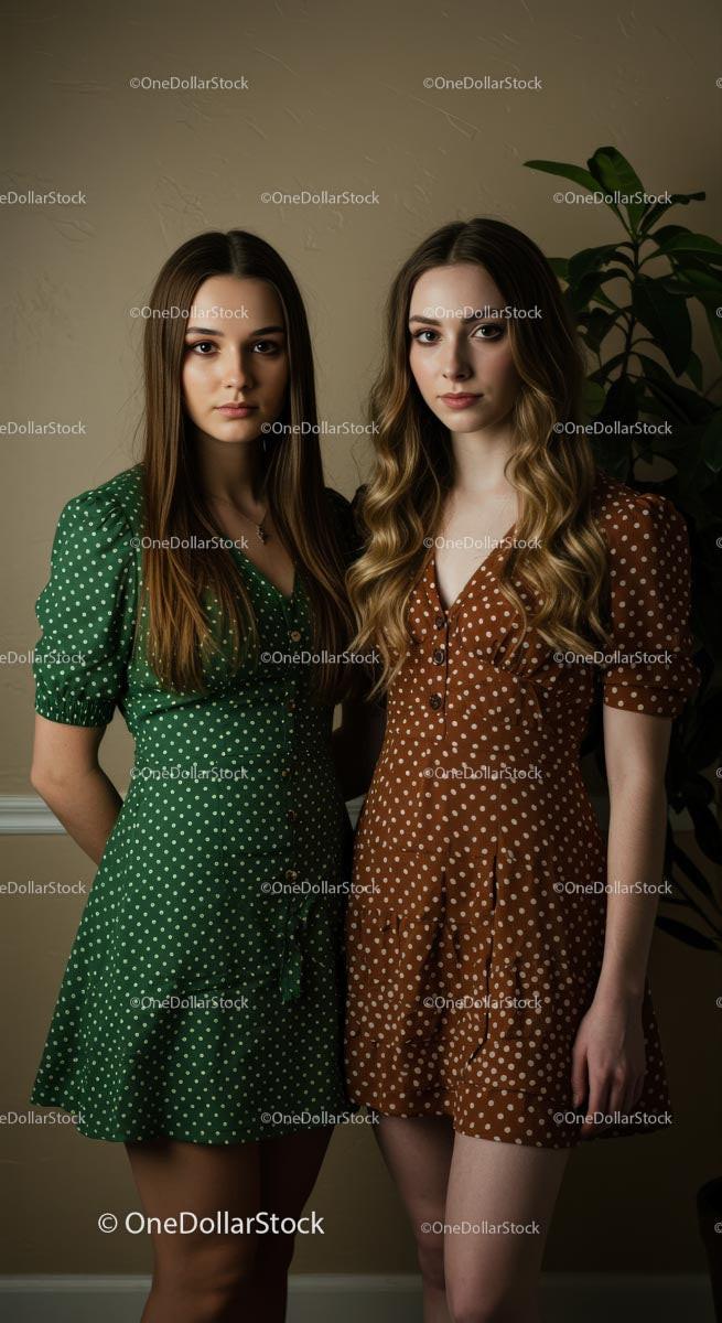 Elegant Women in Green and Brown Polka Dot Dresses Stock Photo Bundle preview 10