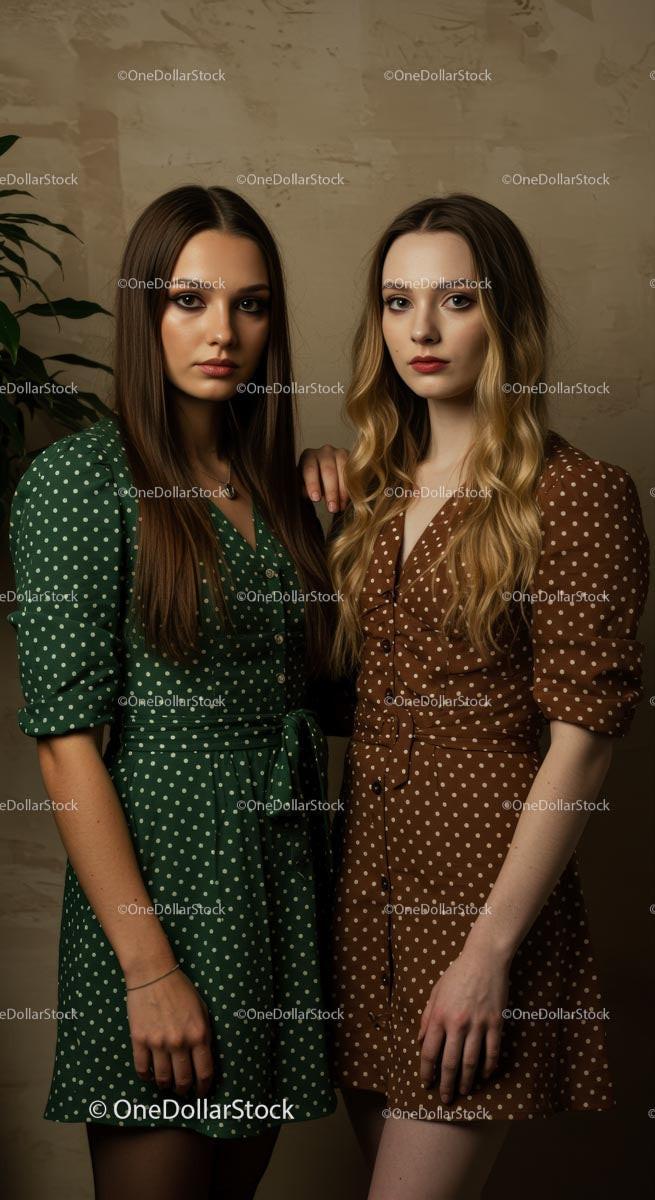 Elegant Women in Green and Brown Polka Dot Dresses Stock Photo Bundle preview 12