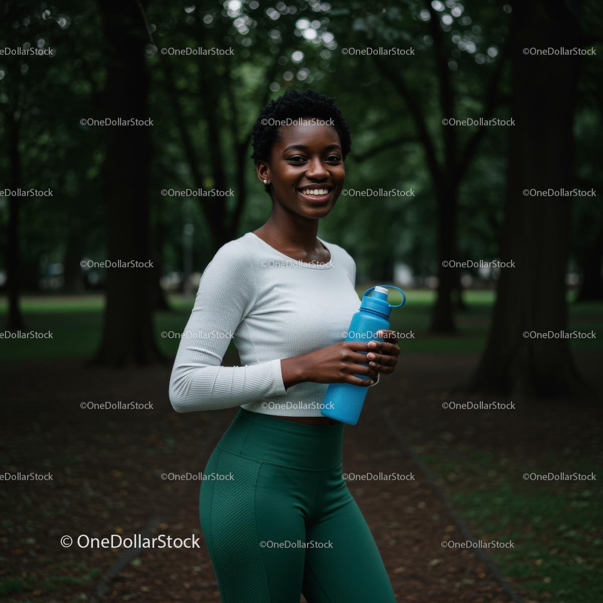 Smiling Woman with Water Bottle in Lush Green Park Stock Photo Bundle preview
