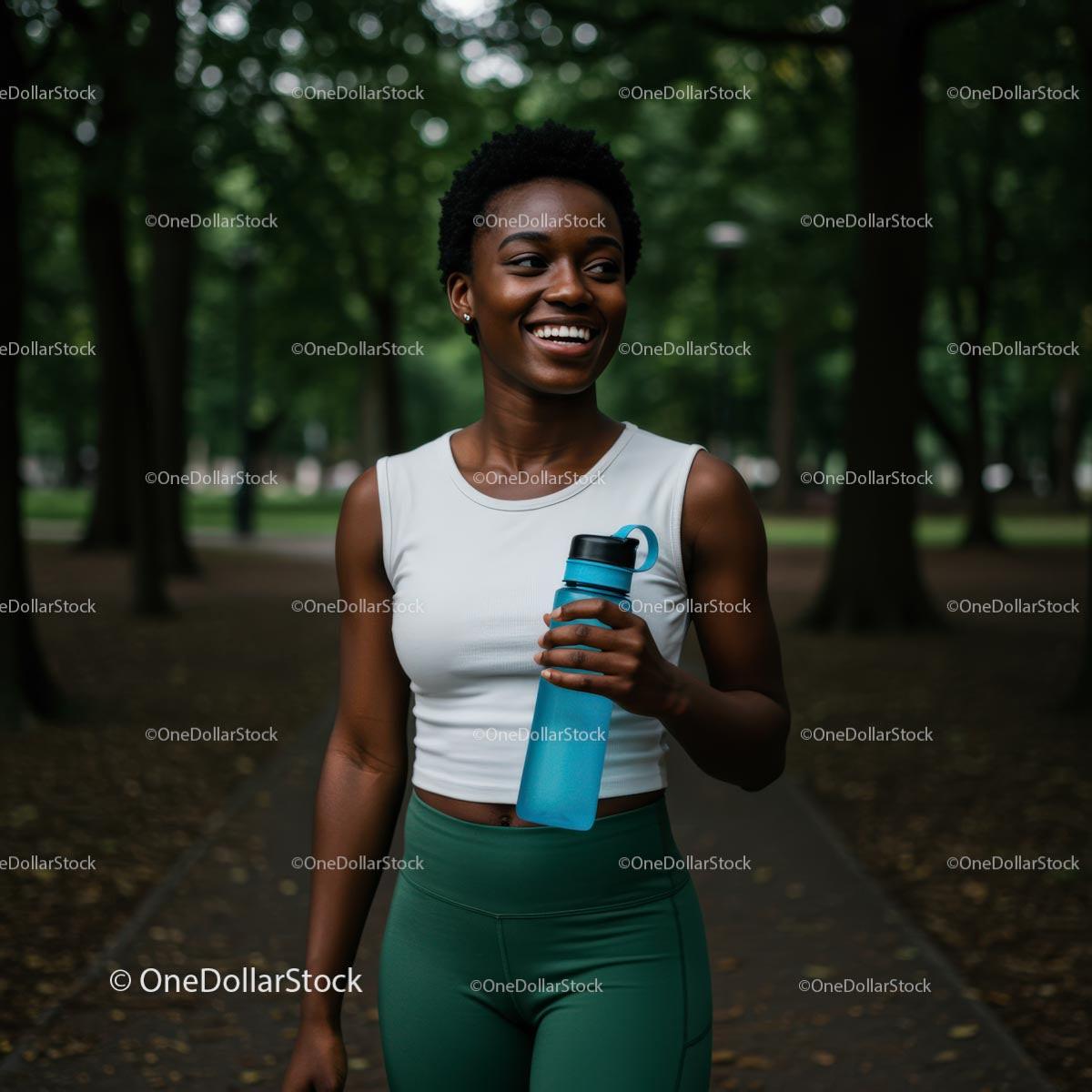 Smiling Woman with Water Bottle in Lush Green Park Stock Photo Bundle creative preview 4