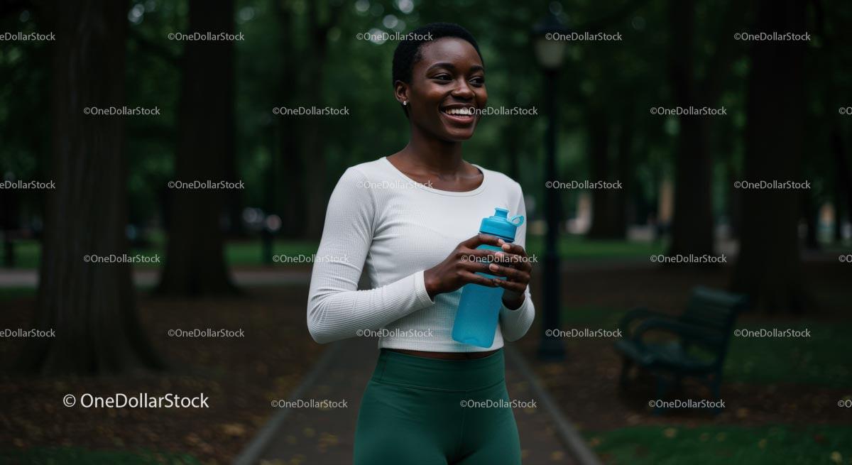 Smiling Woman Jogging in a Green Park with Water Bottle
